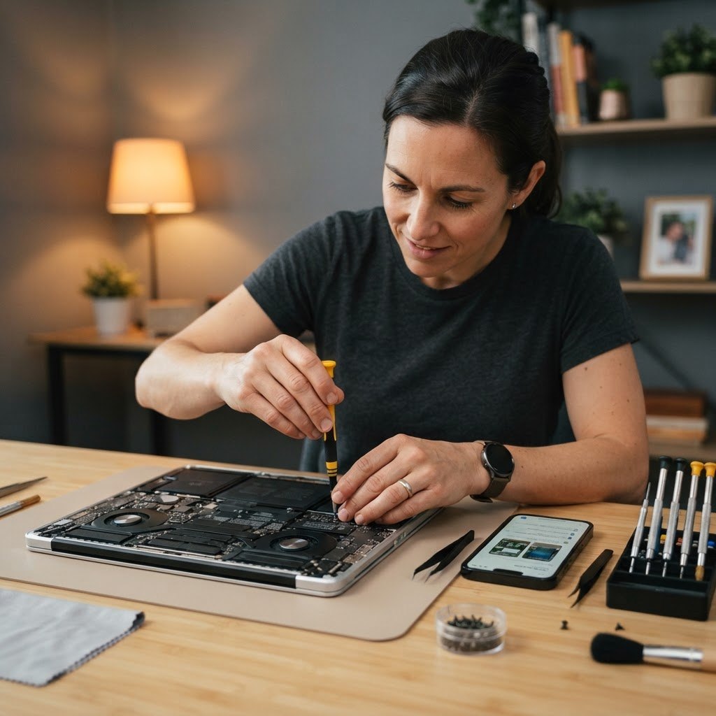 Technician repairing a laptop and phone on a clean workbench for a home customer