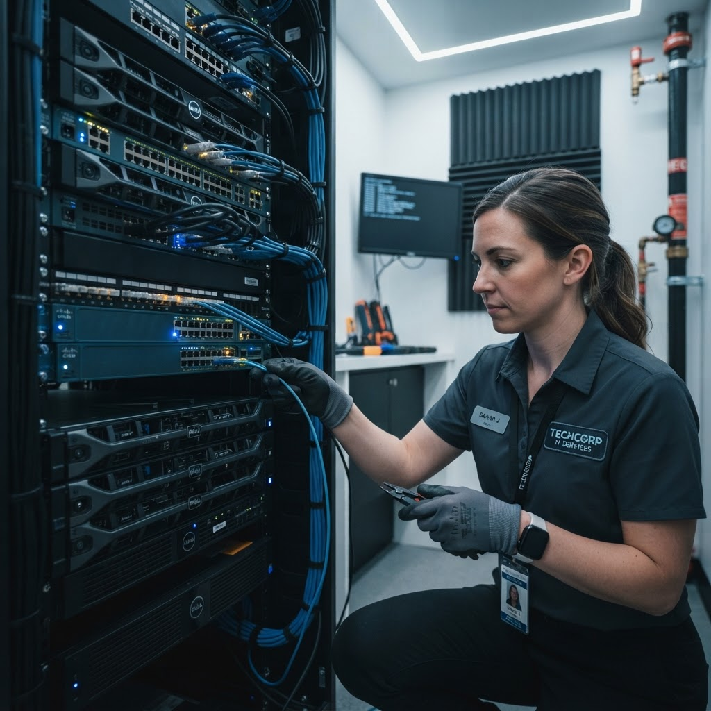 On-Site Technical Services technician servicing a business server rack and network equipment